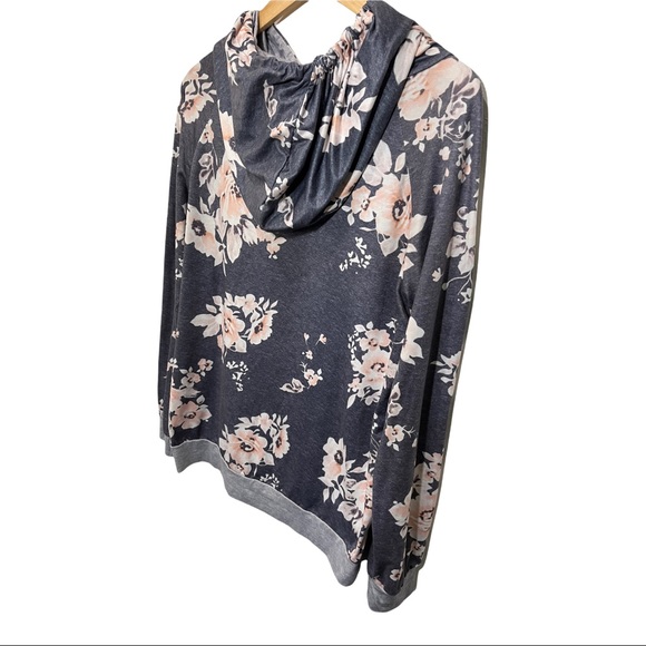 ANGASHION MARLED GRAY AND BLUSH PINK FLORAL LS SOFT STRETCHY HOODIE TOP - Picture 8 of 13